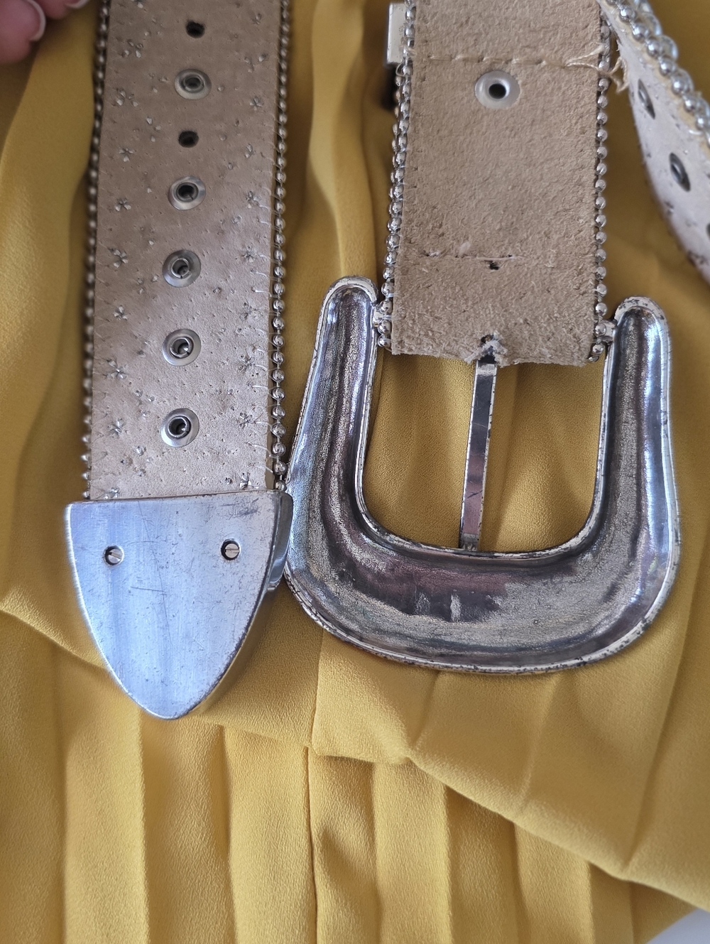 Vintage Western Studded Leather Belt Rhinestone Silver Buckle Boho Y2K S/M - Picture 11 of 11